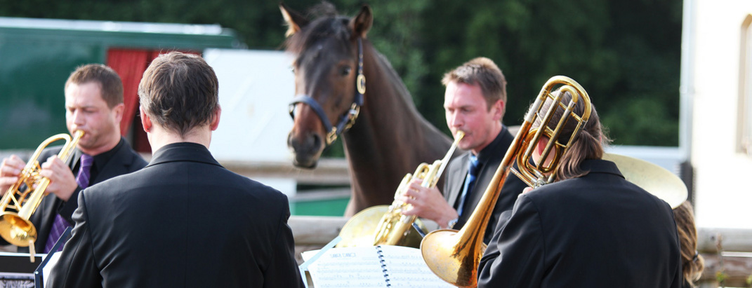 Blasmusikkapelle spielt vor der Pferdekoppel